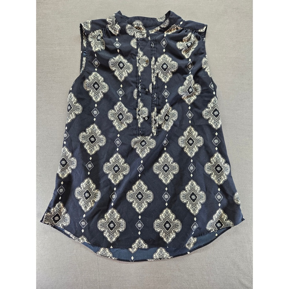 Banana Republic Navy Blue Medallion Print Sleeveless Blouse Band Collar Medium